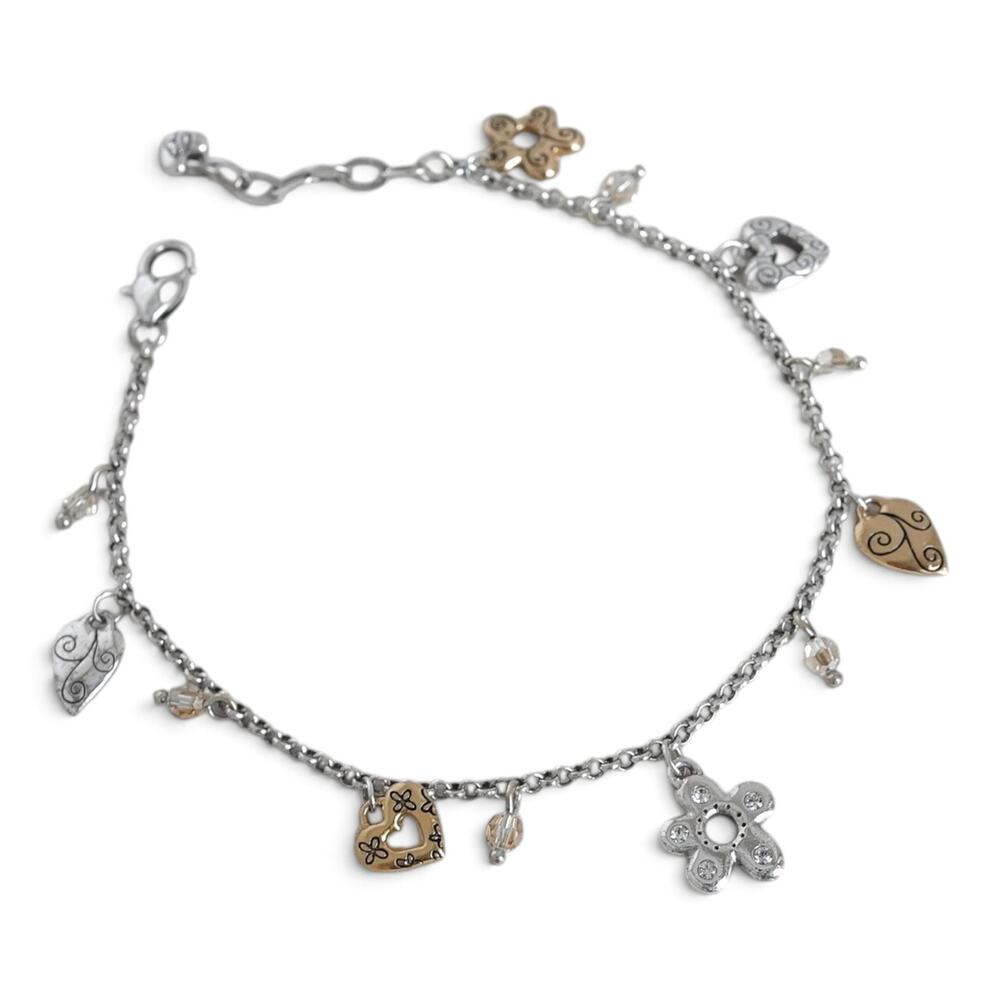 Brighton Two Tone Ankle Bracelet Dangling Flower Heart Charms Silver Gold